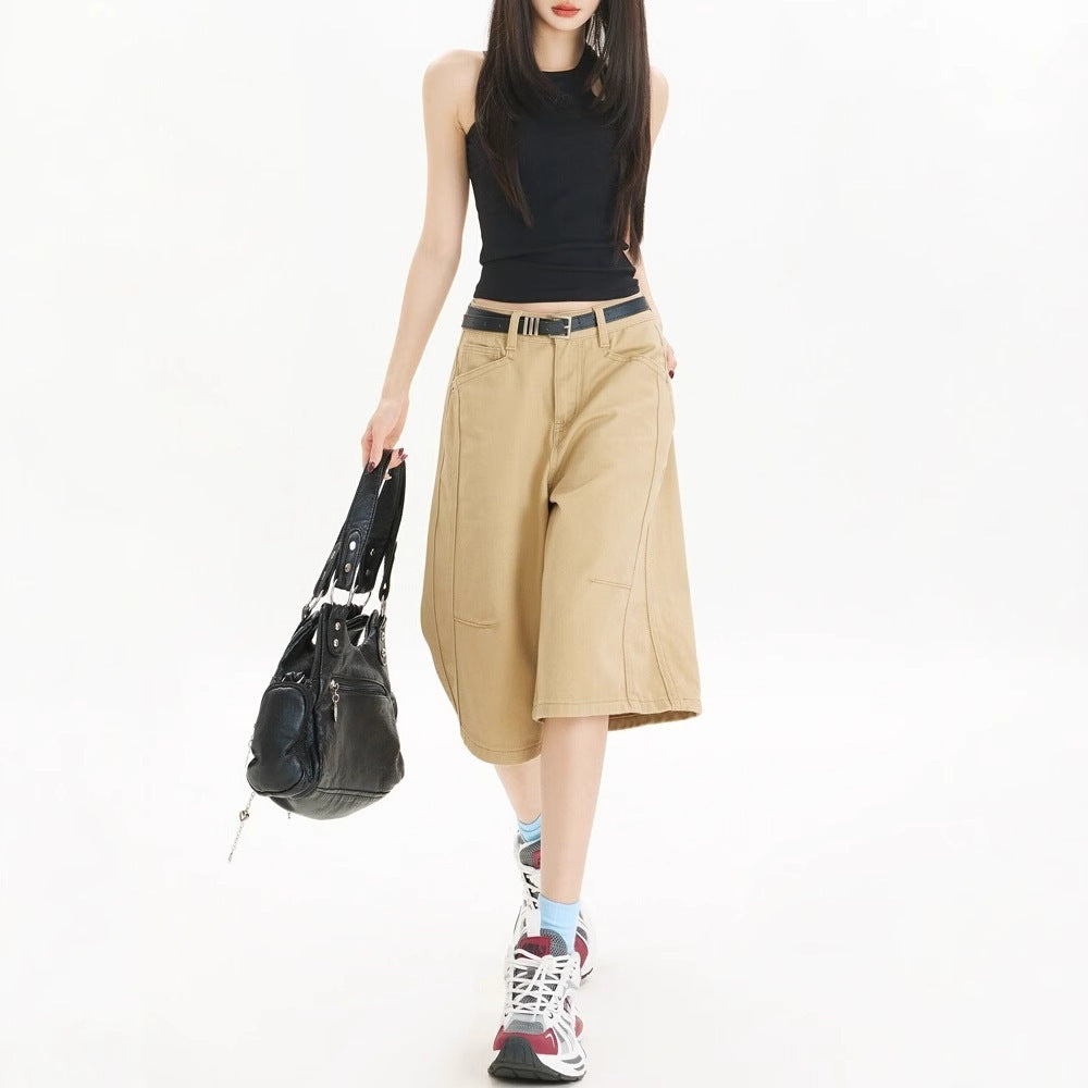 Khaki Workwear Wide Leg Cropped Denim Women's Shorts