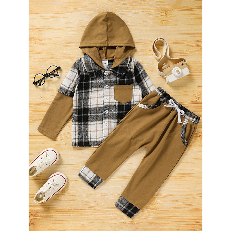 Toddler Baby Boy Clothes Plaid Long Sleeve Hoodie Sweatshirt & Pants 2pcs Boys Outfit Set