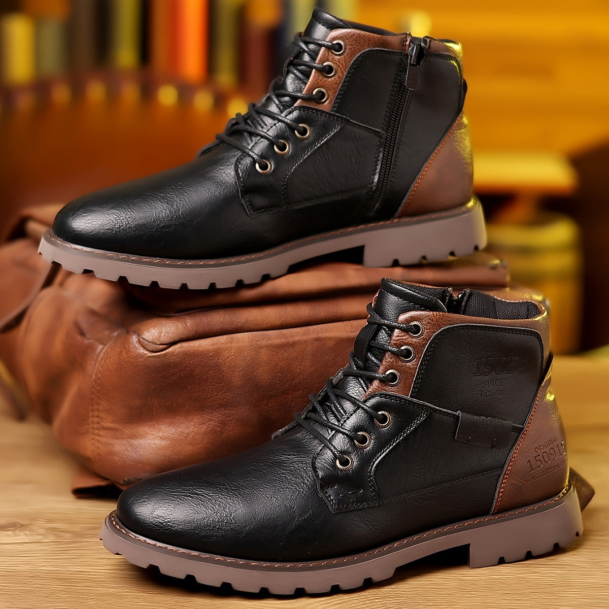 Men's Color Matching Casual Side Zipper Middle Tube Leather Boots