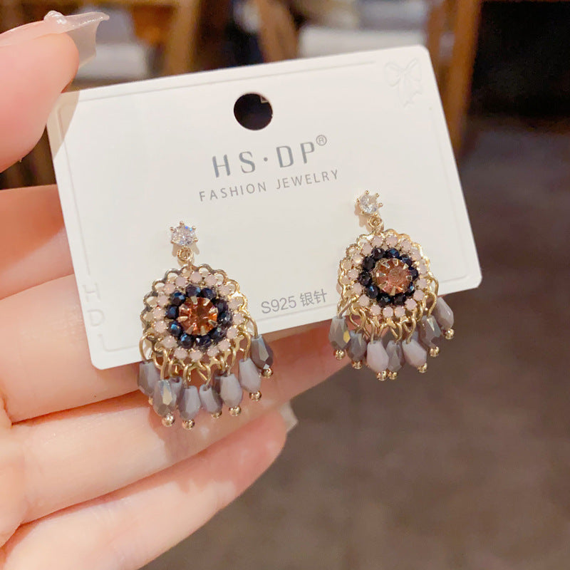 Diamond Embedded Round Crystal Tassel Earrings