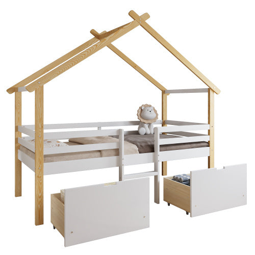 Wooden Bed, Children S Bed, 3ft Single Bed 90x190cm, MDF  Pinewood  Plywood, Safety Guardrail, Two Storage Drawers With Wheels,Roof Shape, White  Natural