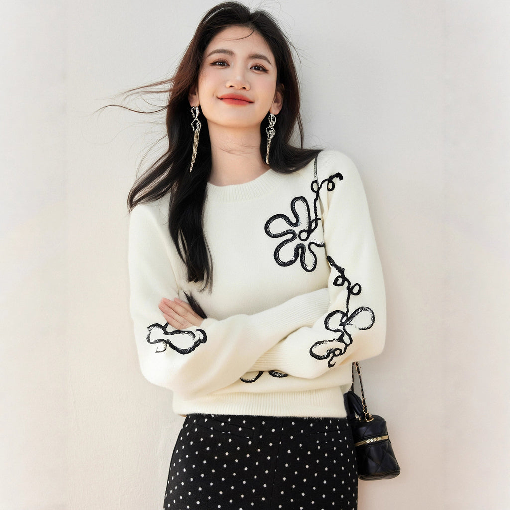 Chic Embellished Long Sleeve Round Neck Pullover Sweater for Women