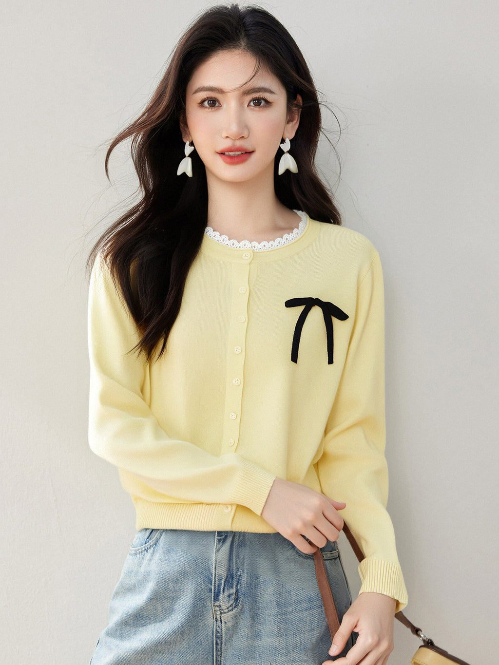 Cute Bow Tie Belted Knit Sweater for Women, Autumn/Winter Fashion Loose Cardigan with Sweet Design