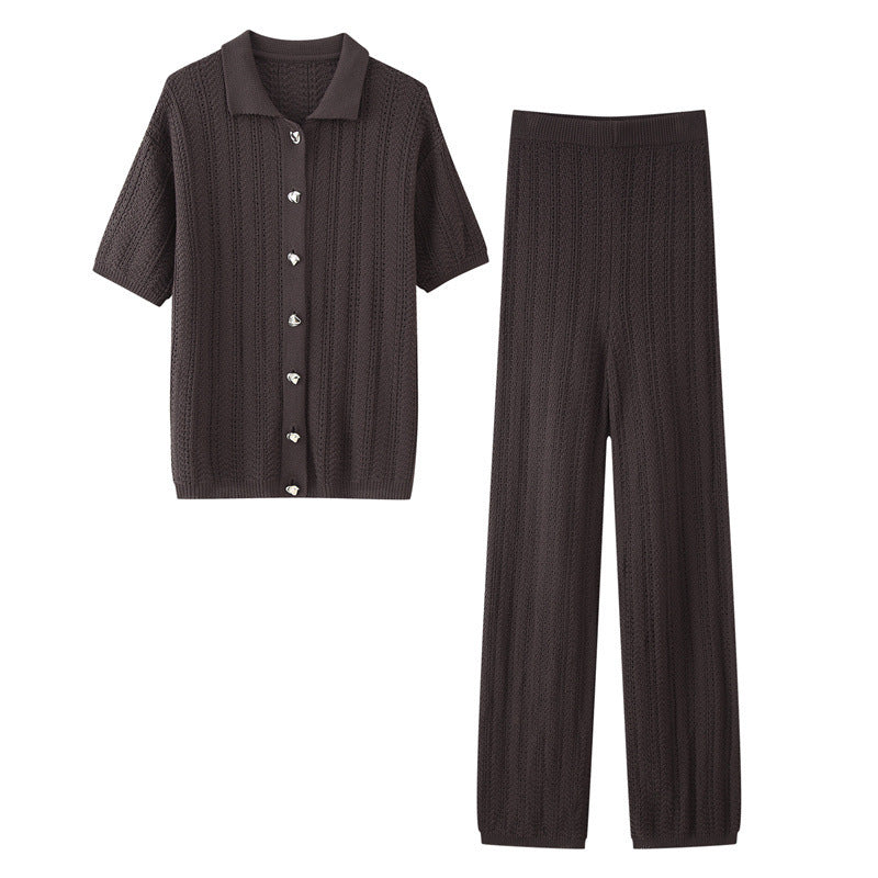 Fashion Texture Knitted Slim Straight Lapel Short Sleeve Trousers