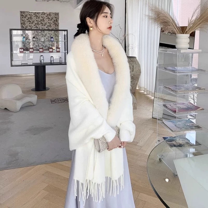 Autumn and Winter Women's New Faux Fur Knitted Cape Cardigan Solid Color Tassel Mid-Length Fur Collar Poncho Cape