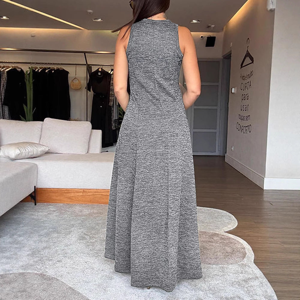 Commuter Gray Colored Cotton Sleeveless Waist A- Line Speaker Dress