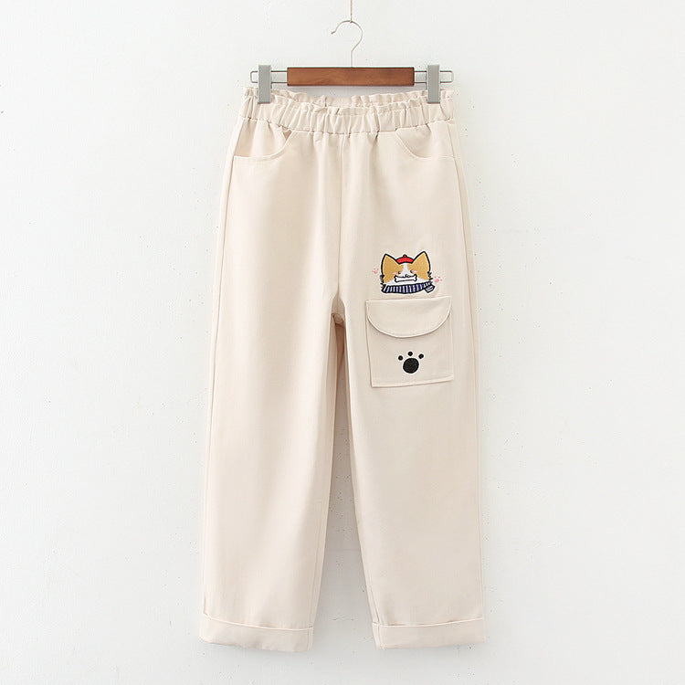 Cartoon Embroidery Casual Pants Girls Spring Straight Pants