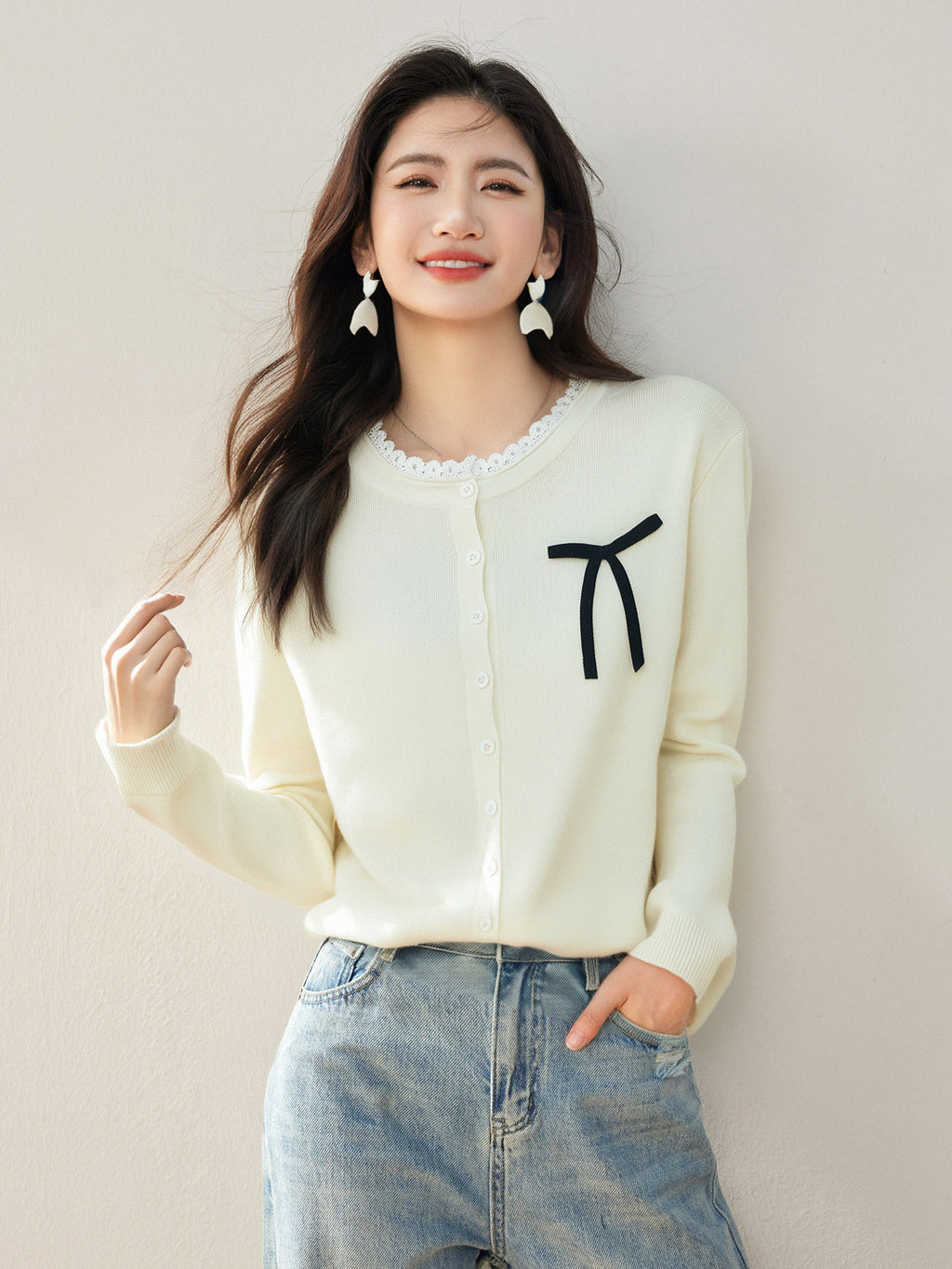 Cute Bow Tie Belted Knit Sweater for Women, Autumn/Winter Fashion Loose Cardigan with Sweet Design