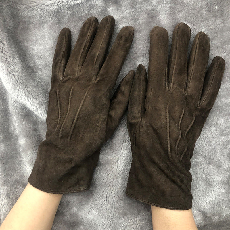 Winter Brown Thermal Finger-separated Gloves Unisex Japanese Style Genuine Leather Gloves