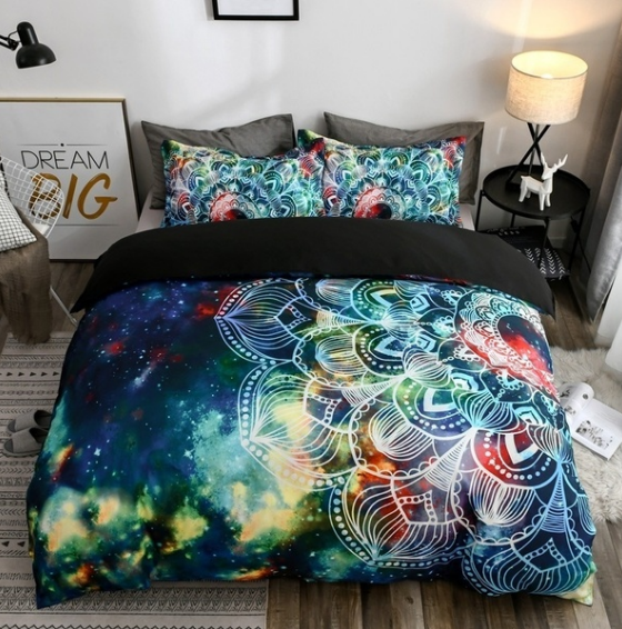 2/3pcs/set 3D Galaxy and Bohemia Bedding Set Queen Size Universe Bedding with Flower Bed Luxury Bedding Sets