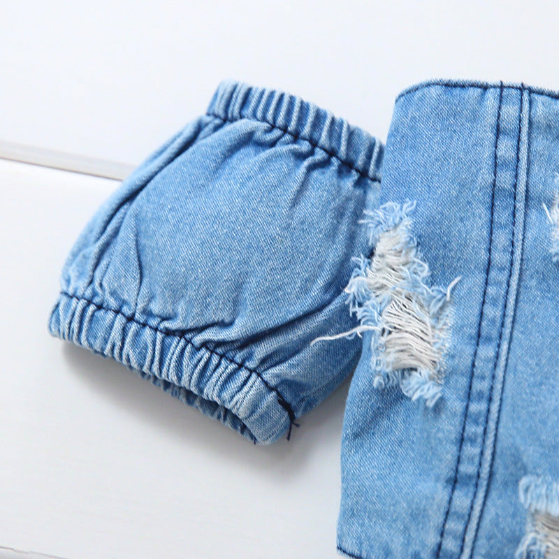 Girls' Denim Ripped Top Shorts Suit