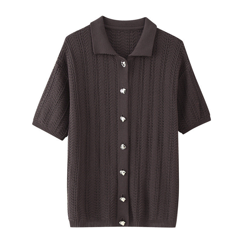 Fashion Texture Knitted Slim Straight Lapel Short Sleeve Trousers