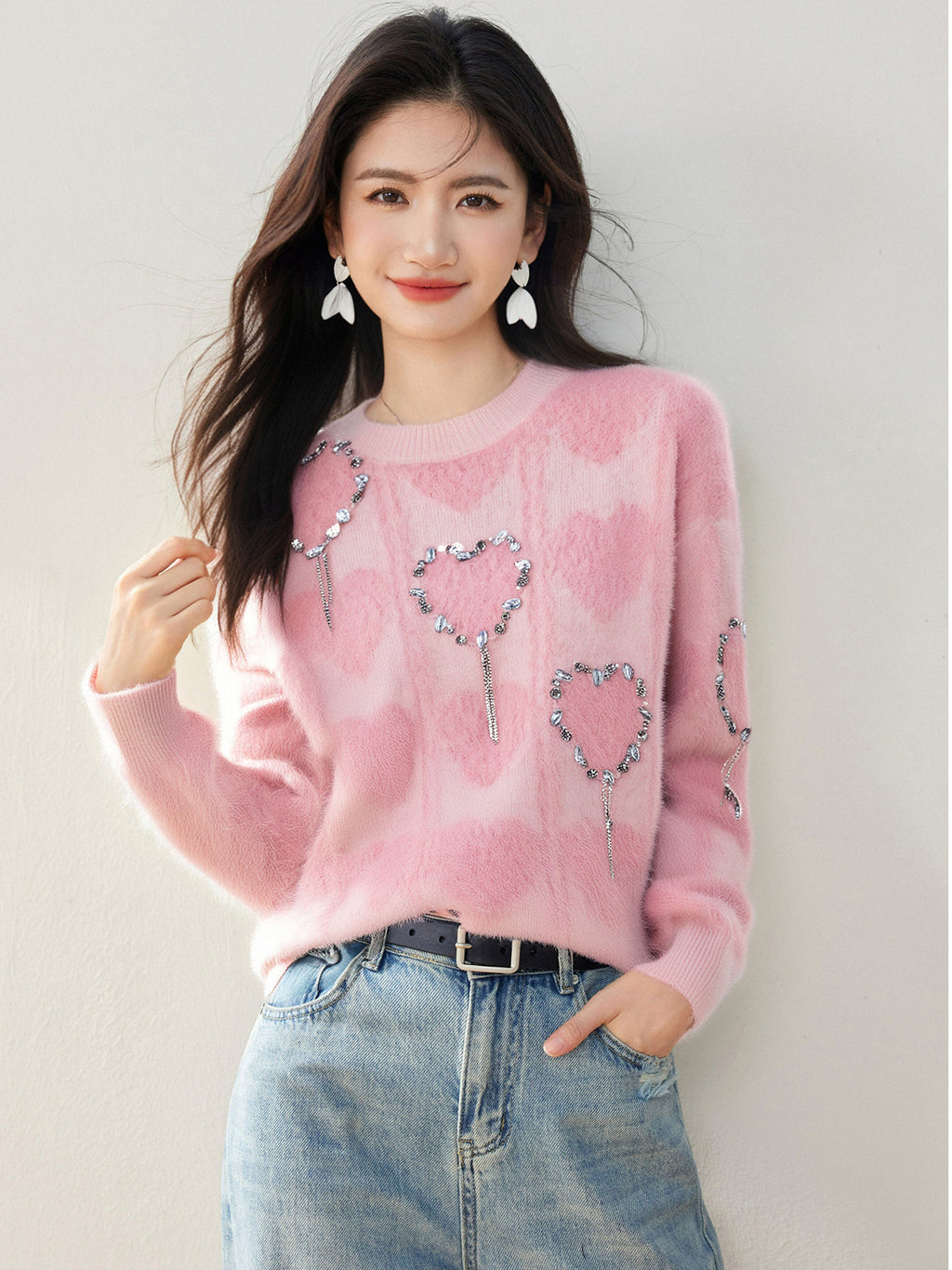 Charming Beaded Heart Knit Sweater for Women, Autumn/Winter Loose Fit Inner Layer Top
