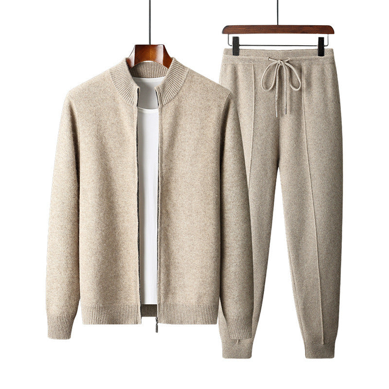 Wool Cardigan Men's Stand Collar Zipper Knitted Sweater Coat Warm And Loose Cashmere Pants Men