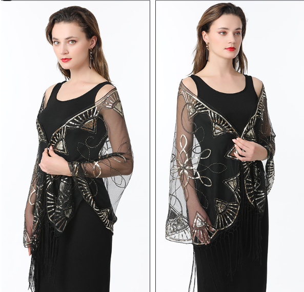 Mesh sequin dress cape cheongsam dress long summer waistcoat with ball tassel shawl wedding dress cape