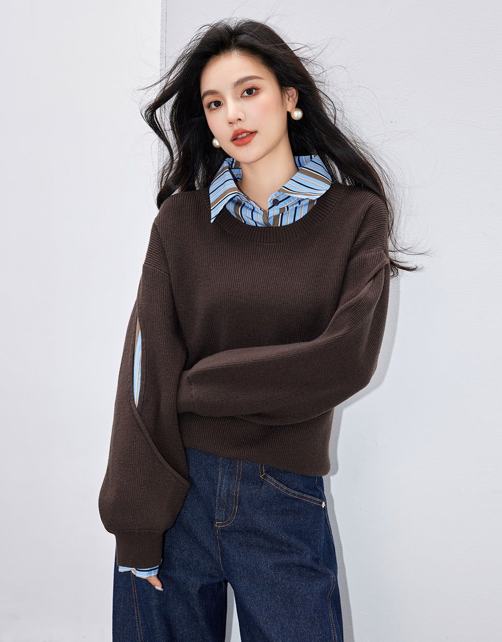 Fashion Style False Two-Piece Splicing Hollow Knit Sweater for Women  Simple Knitwear