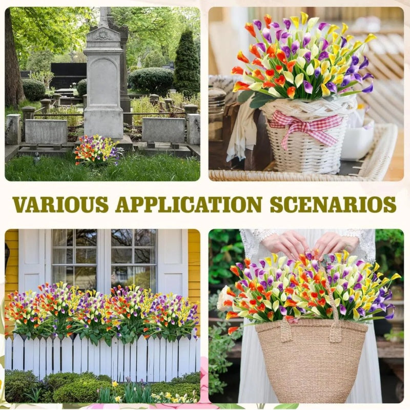 5 Bundles Artificial Calla Lilly Realistic UV Resistant Fake Flowers Faux Plastic Long Stem Plants For Indoor Planter Home Porch Yard Spring Summer Cemetery Decor