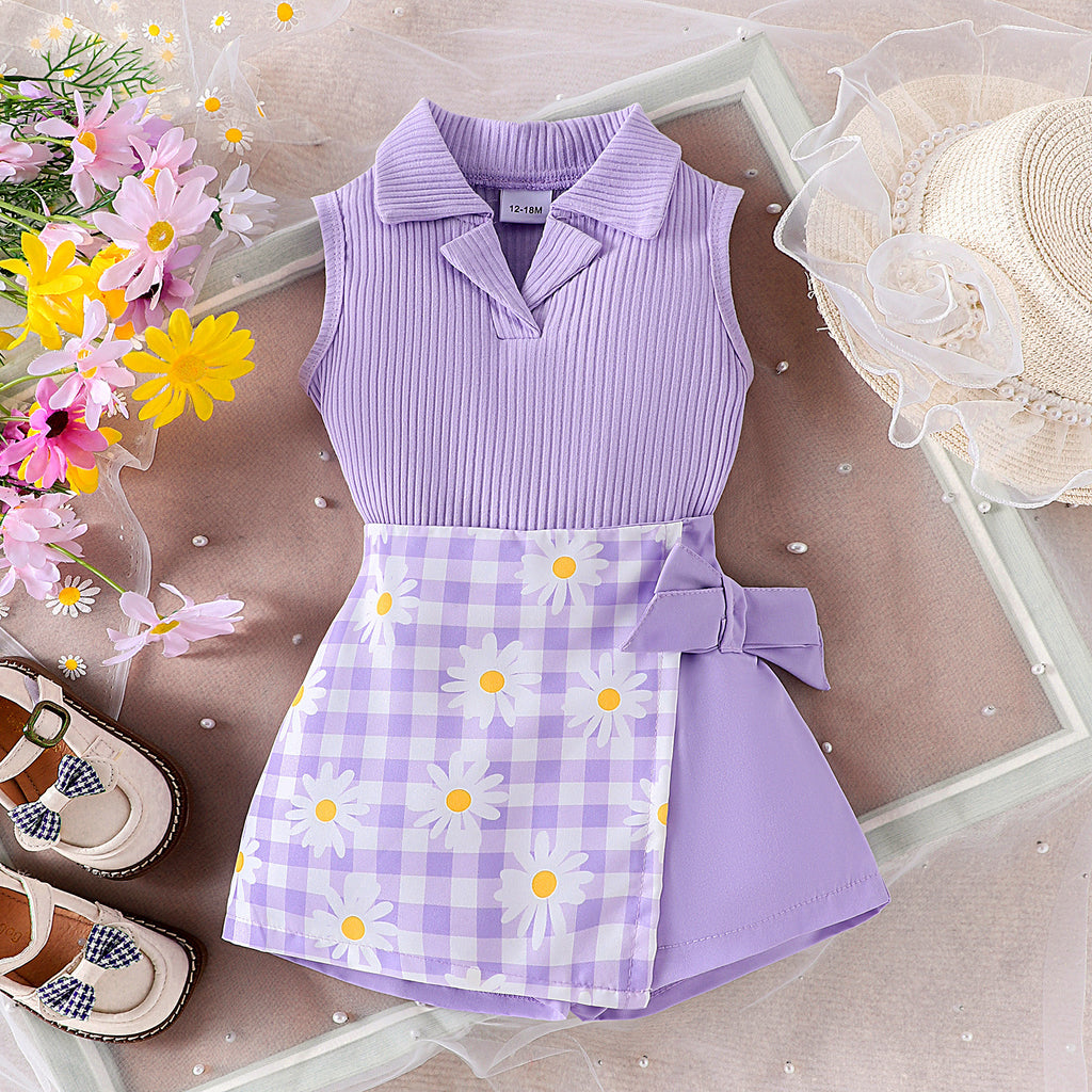 Girls' Fashion Plaid Stitching Shorts Suit