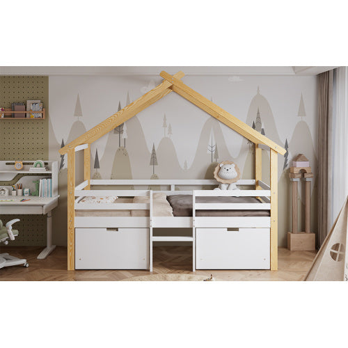 Wooden Bed, Children S Bed, 3ft Single Bed 90x190cm, MDF  Pinewood  Plywood, Safety Guardrail, Two Storage Drawers With Wheels,Roof Shape, White  Natural