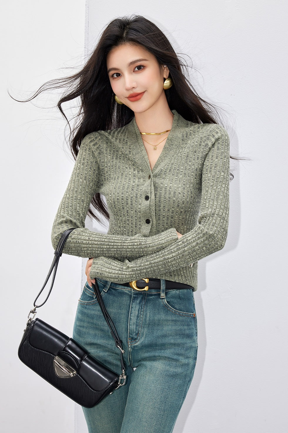 Perfectly Sexy Wool Double-Layer Half-Open Narrow V-Neck Ribbed Fitted Knitwear