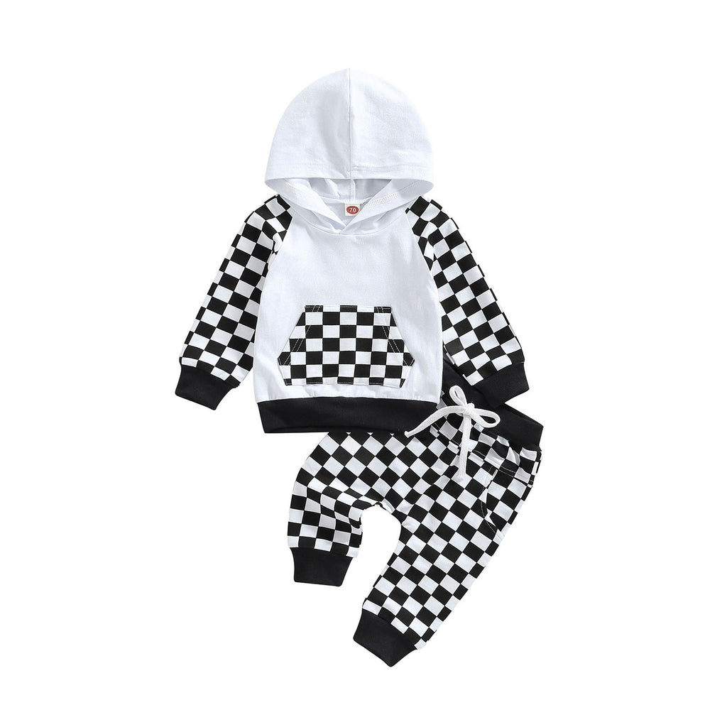 Casual Boys' Plaid Patchwork Hoodie Trousers Suit