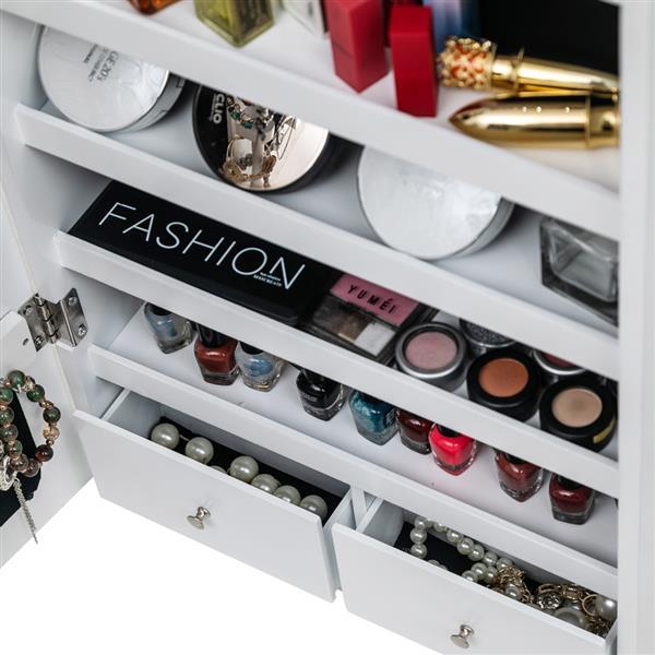 Non Full Mirror Wooden Wall Mounted 4-layer Shelf With 2 Drawers And 8 Blue LED Lights For Jewelry Storage, White Mirror Cabinet