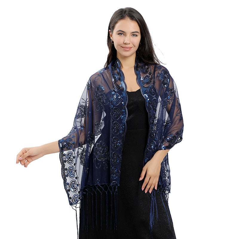 Flower Sequin Embroidered Long Fringe Shawl for Bride Bridesmaid Party Evening Dress Women