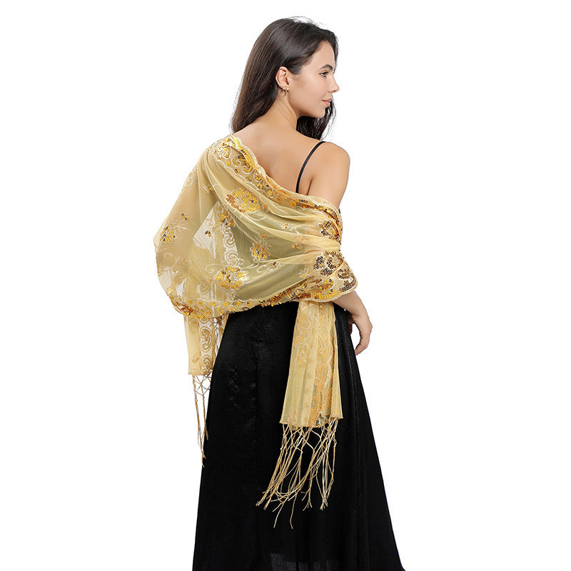 Flower Sequin Embroidered Long Fringe Shawl for Bride Bridesmaid Party Evening Dress Women