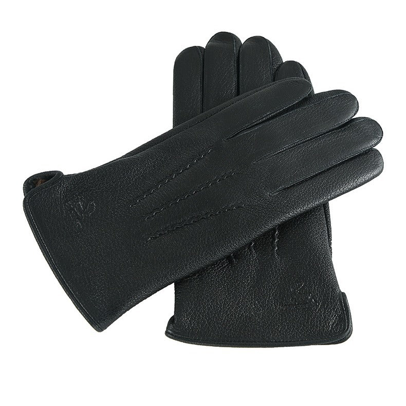Men's imitation deer skin, wool lined business gloves, outdoor velvet, autumn and winter warm goat skin leather gloves