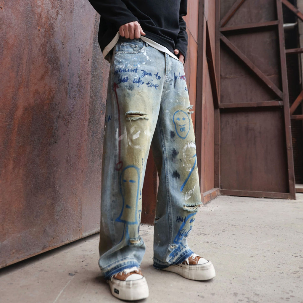 Street Graffiti Ripped Jeans Men And Women Loose Straight Neutral
