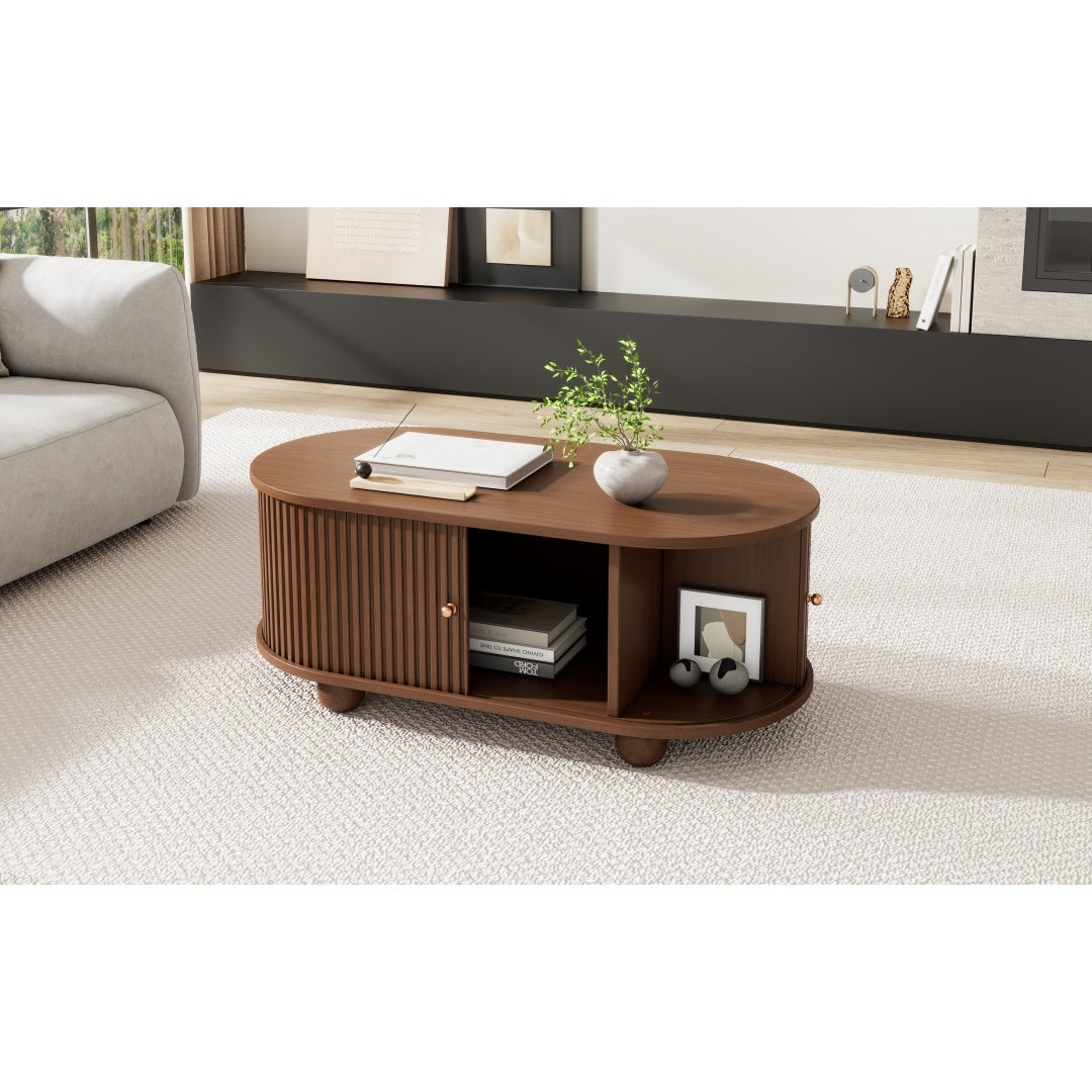 Oval Coffee Table With 2 Sliding Doors, Rounded Corners,Hidden Compartment Center Table, Sofa Table With Storage Space, Side Table With Central Open Storage Area,100X50X40cm,Oak Color,MDF