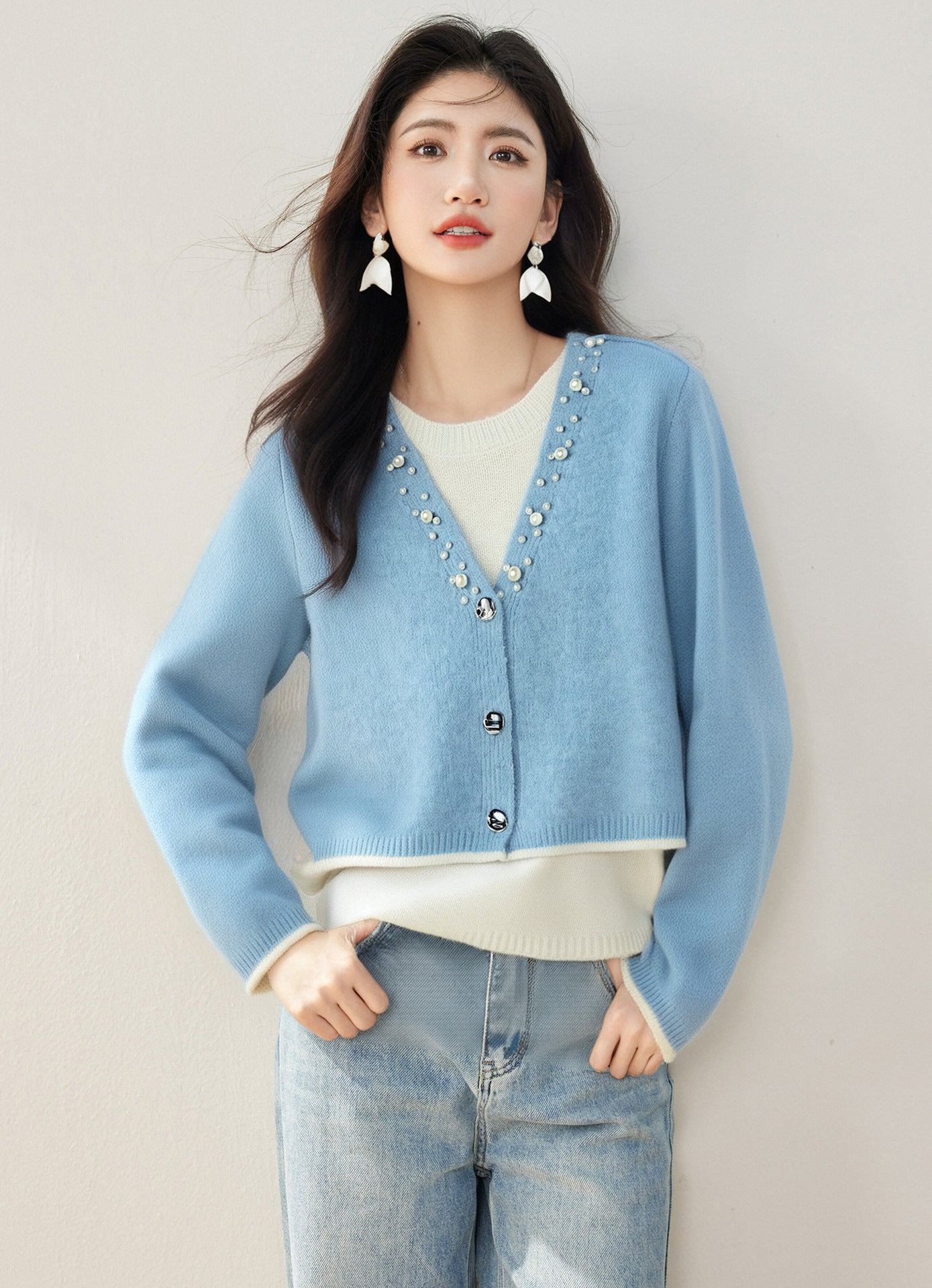 Office Wear◆Knitwear Two-Piece Set with Beaded Design, Casual Style Long Sleeve Top