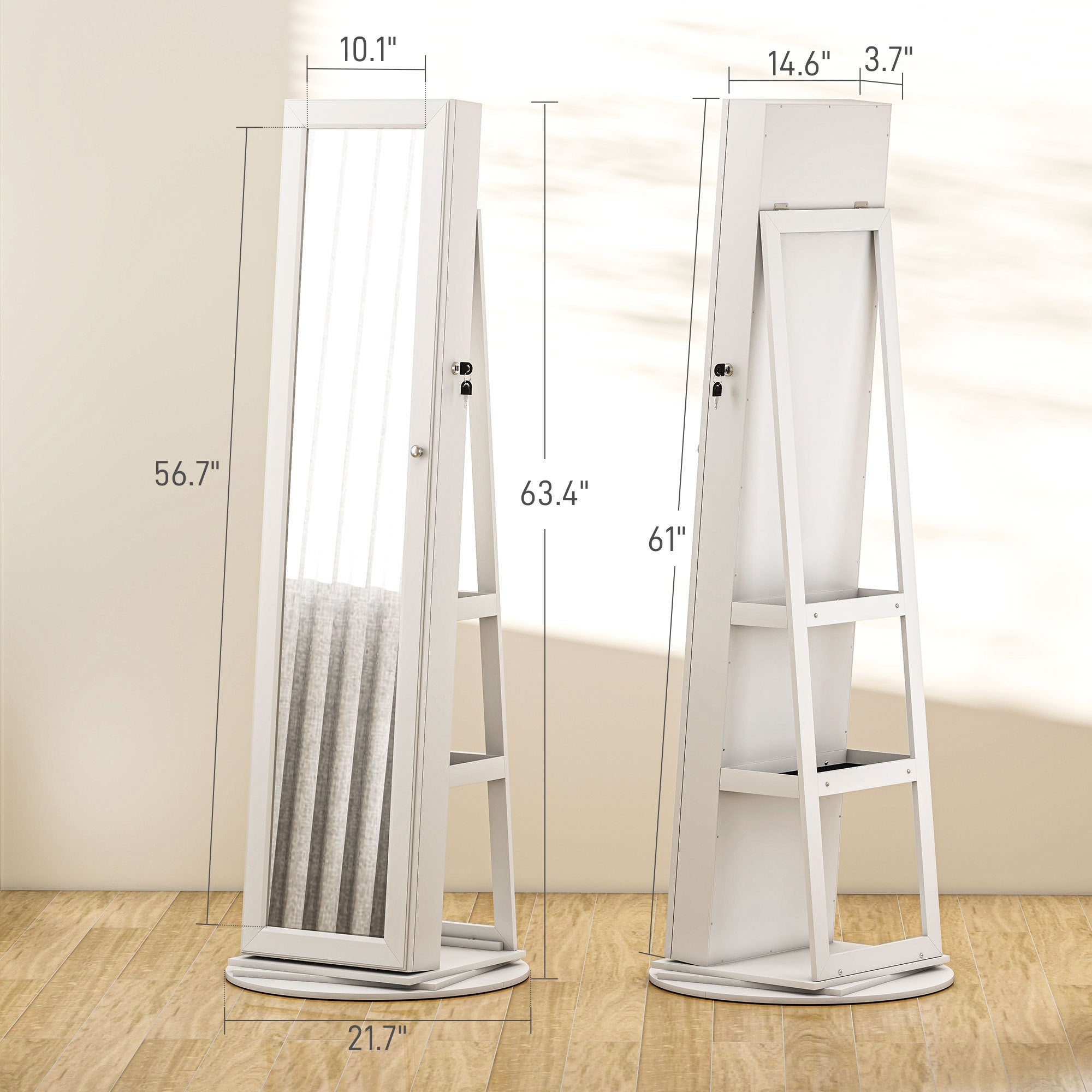 Jewelry Armoire, Lockable Jewelry Cabinet With Full-Length Mirror, Storage Shelves, White