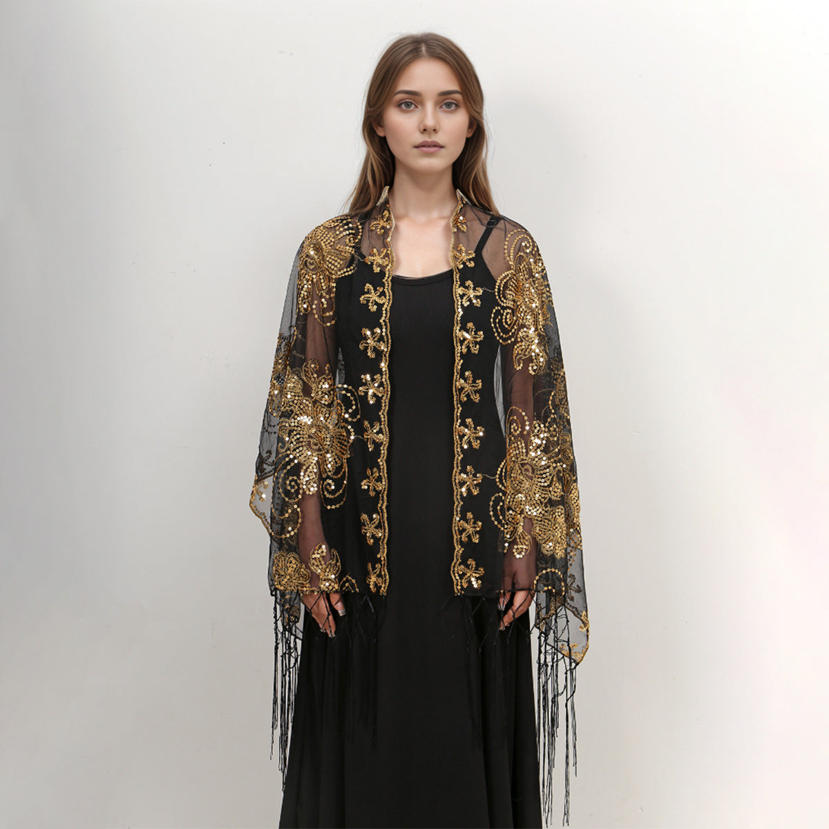 Long Fringe Sequin Embroidered Shawl Party Dress Evening Banquet Spring Summer Thin Cheongsam Gauze Scarf Women