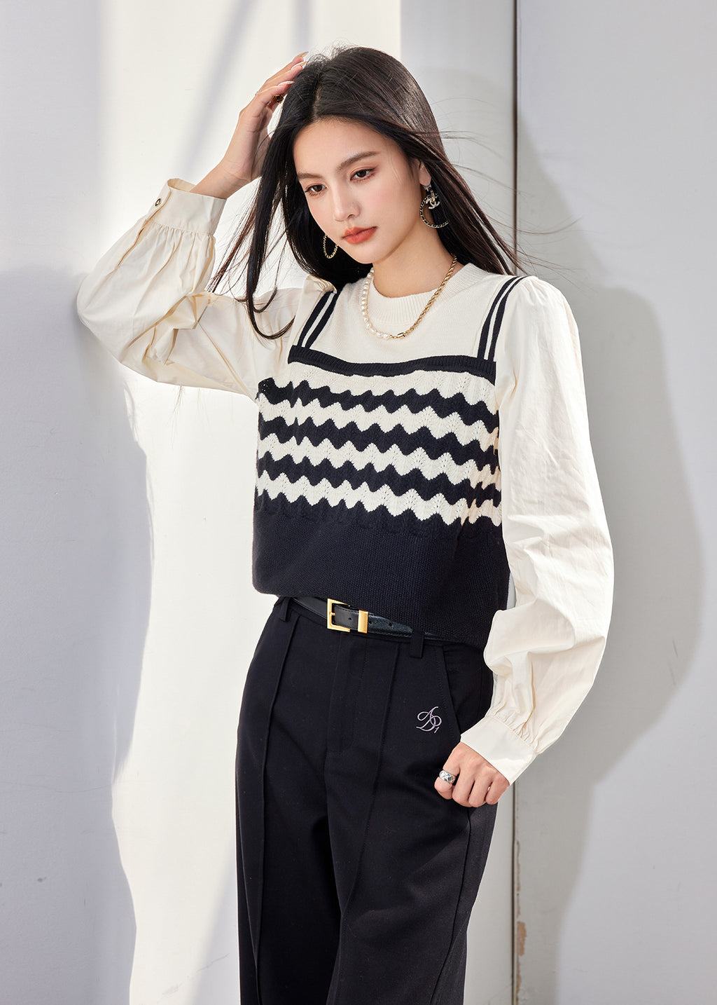 French Style Knitwear with Striped PatchworkElegant Women's Top