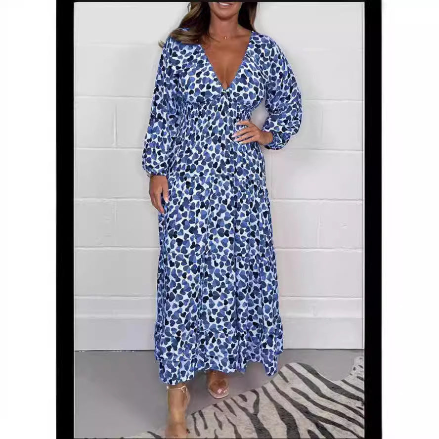 Women's Fashion High Waist V-neck Floral Dress