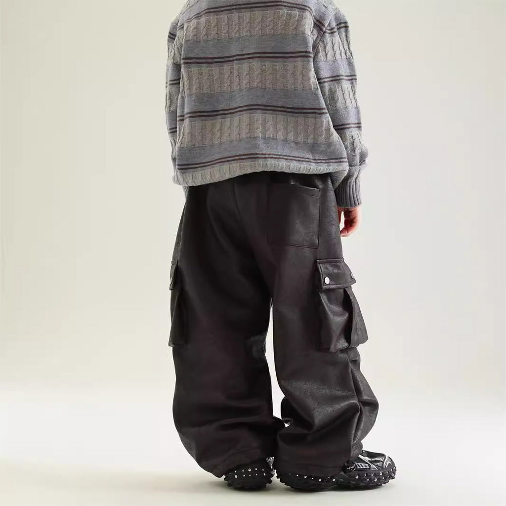 Boy Winter Fleece Lining Workwear Leather Pants