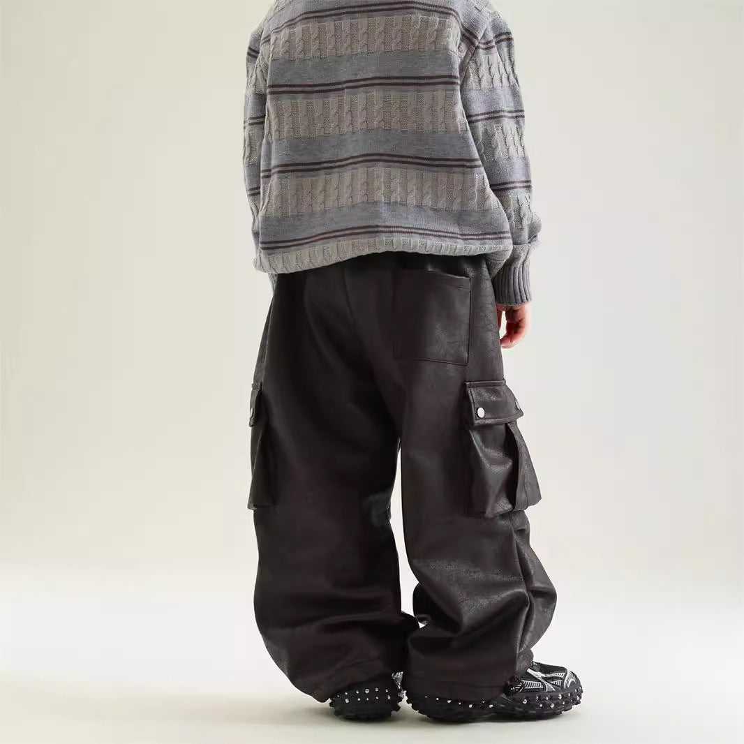 Boy Winter Fleece Lining Workwear Leather Pants