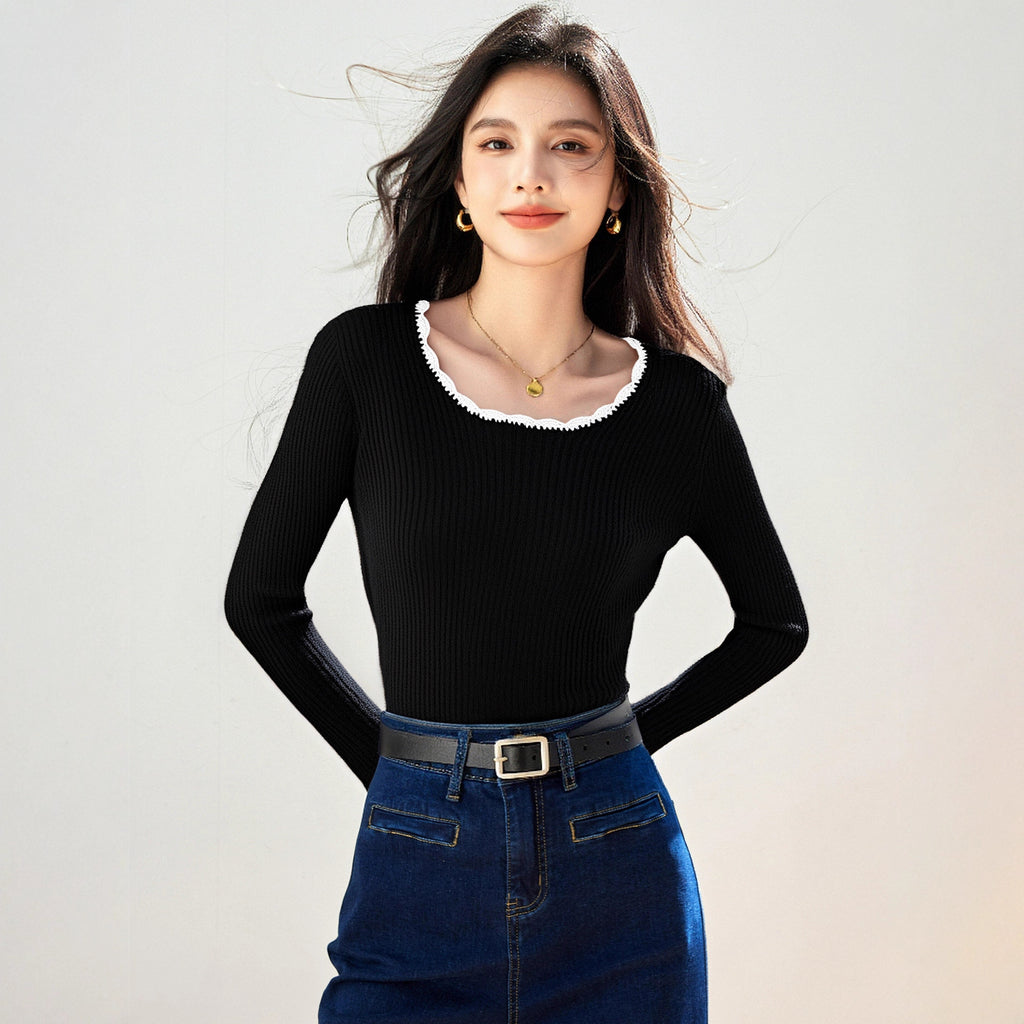 Chic Vintage Crew Neck Knit Sweater for Women, Autumn/Winter Innerwear, Slim Fit, Soft and Cozy Top