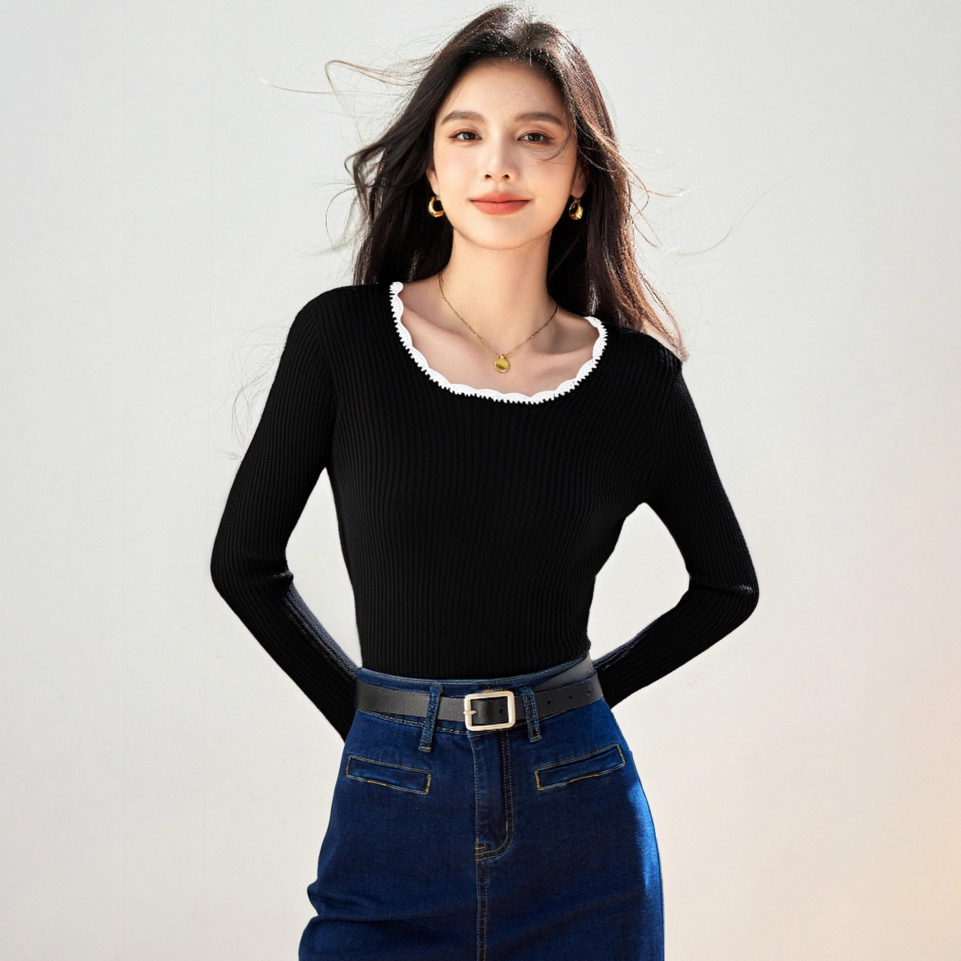 Chic Vintage Crew Neck Knit Sweater for Women, Autumn/Winter Innerwear, Slim Fit, Soft and Cozy Top