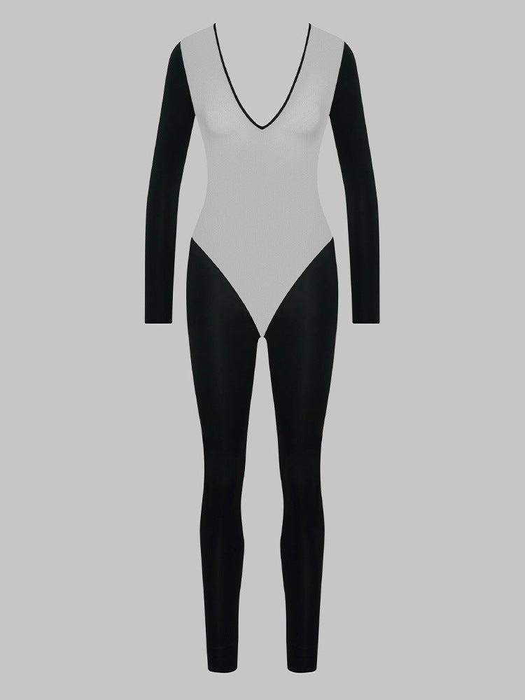 Sheer Jumpsuit Long PantsYoga Low Neck Shaping High Waist Summer Long Sleeve Set Sexy