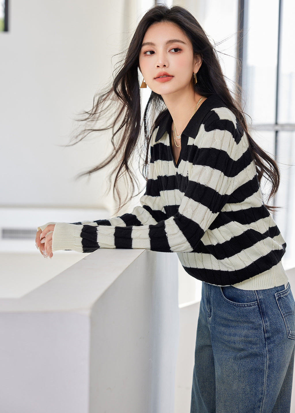 Academy Style Turn-Down Collar Knit Sweater for Women, Autumn/Winter Innerwear, Vintage Polo Shirt Top