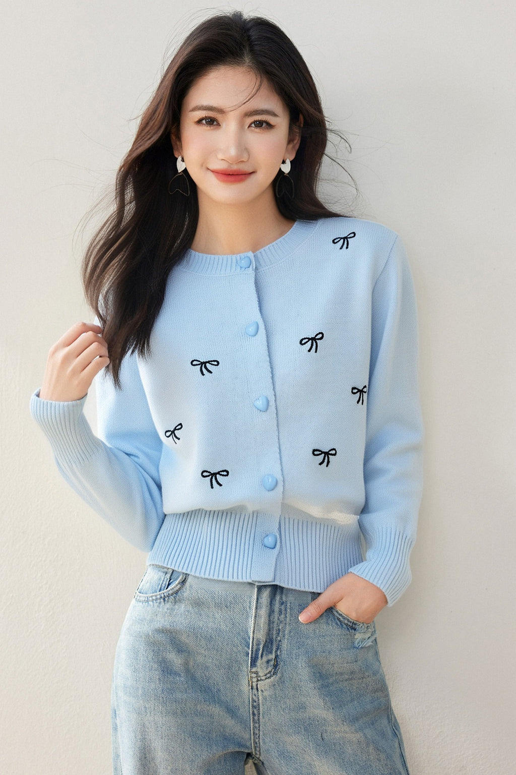 Soft Knit Cardigan with Bow EmbroideryCasual Women's Sweater Coat for Autumn
