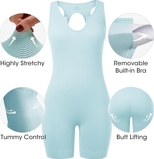 Fisoew Womens One Piece Jumpsuits Racer Back Ribbed U Neck Padded Unitard Backless Tummy Control Bodycon Yoga Romper