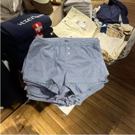 Elastic Waist Red Plaid Fastener Decoration Shorts For Women