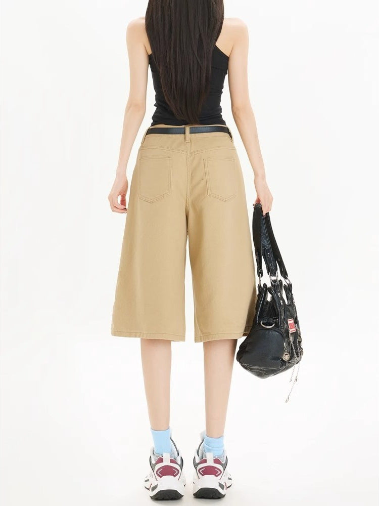 Khaki Workwear Wide Leg Cropped Denim Women's Shorts