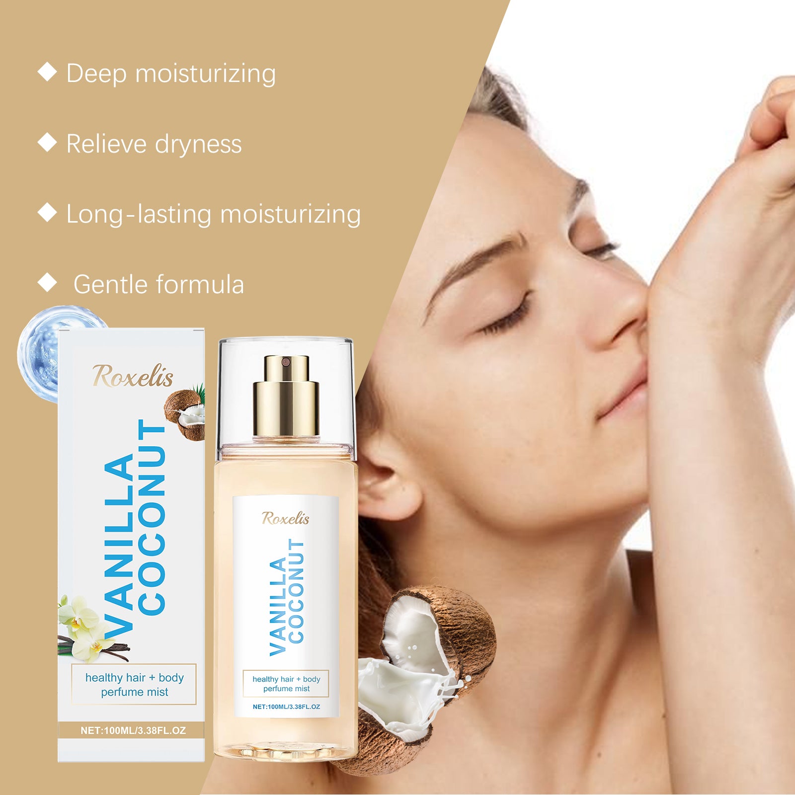 Roxelis Vanilla Coconut Body Perfume Spray, Long-Lasting Fragrance And Exudes A Unique Charm. It Is A Fresh, Romantic And Portable Perfume