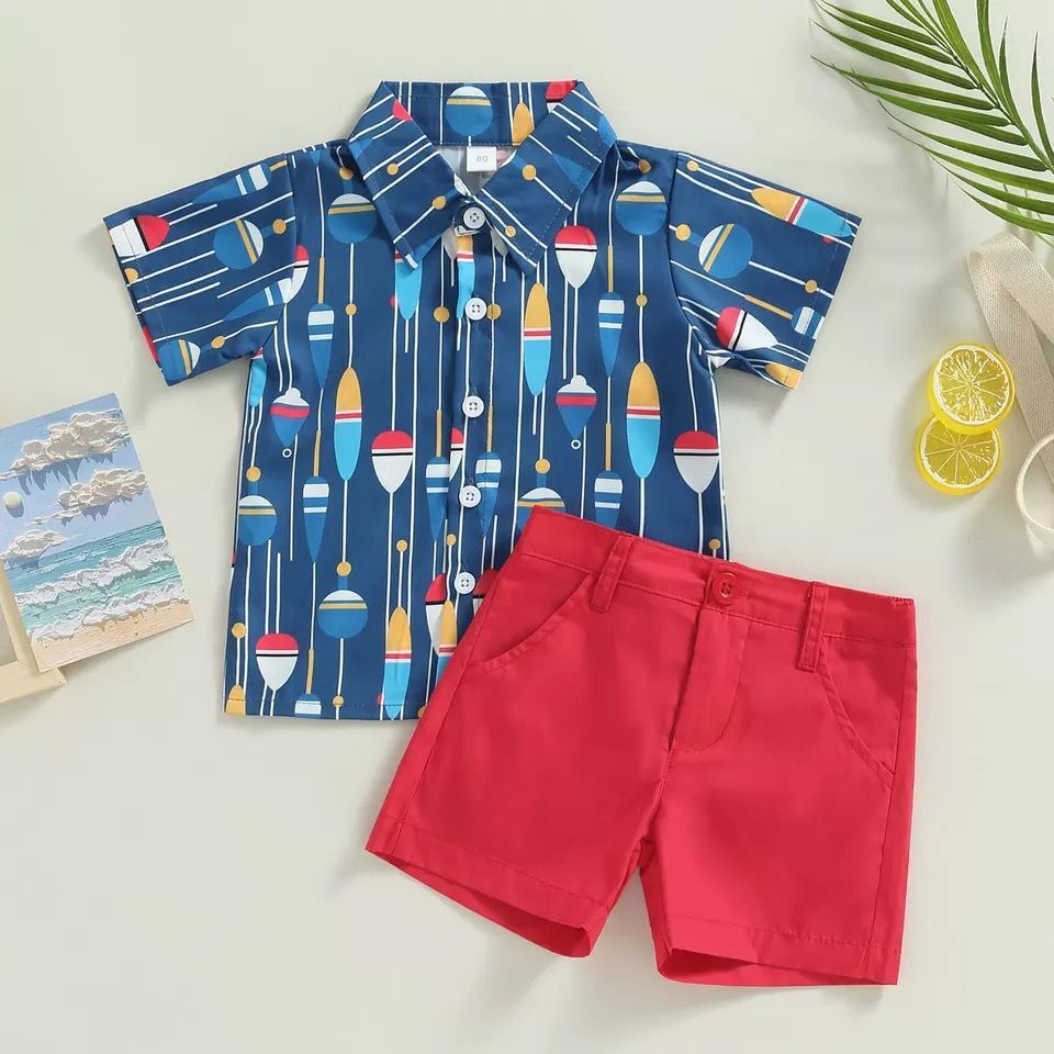 Boy Short Sleeve Printed Shirt Solid Color Shorts Casual Two-piece Suit