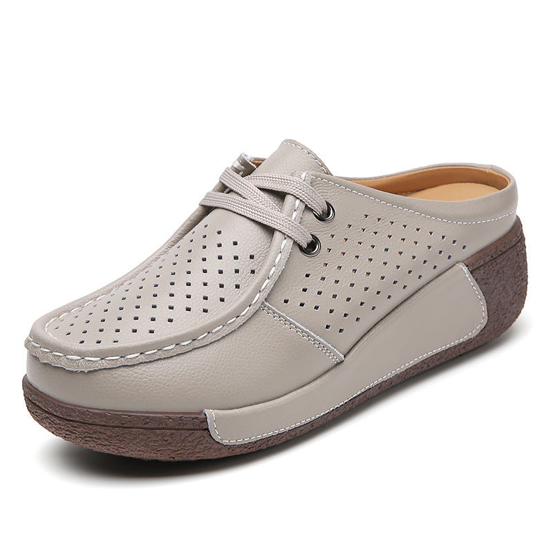New Plus Size Hollow-out Soft Bottom Wedge Women's Genuine Leather Platform Slippers Summer Outerwear
