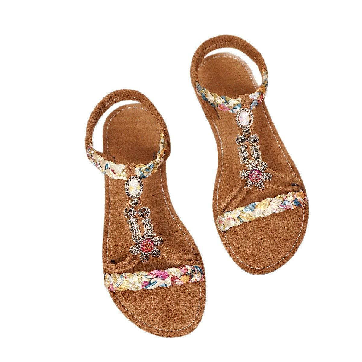 Summer New Colorful Woven Beads Round Toe Comfortable Flat Sandals